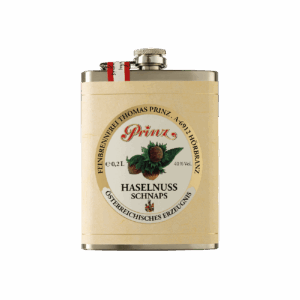 Edelstahl-Flachmann mit Haselnuss Schnaps 40 % vol.