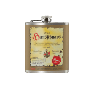 Edelstahl-Flachmann mit Hausschnaps Marille 34 % vol.